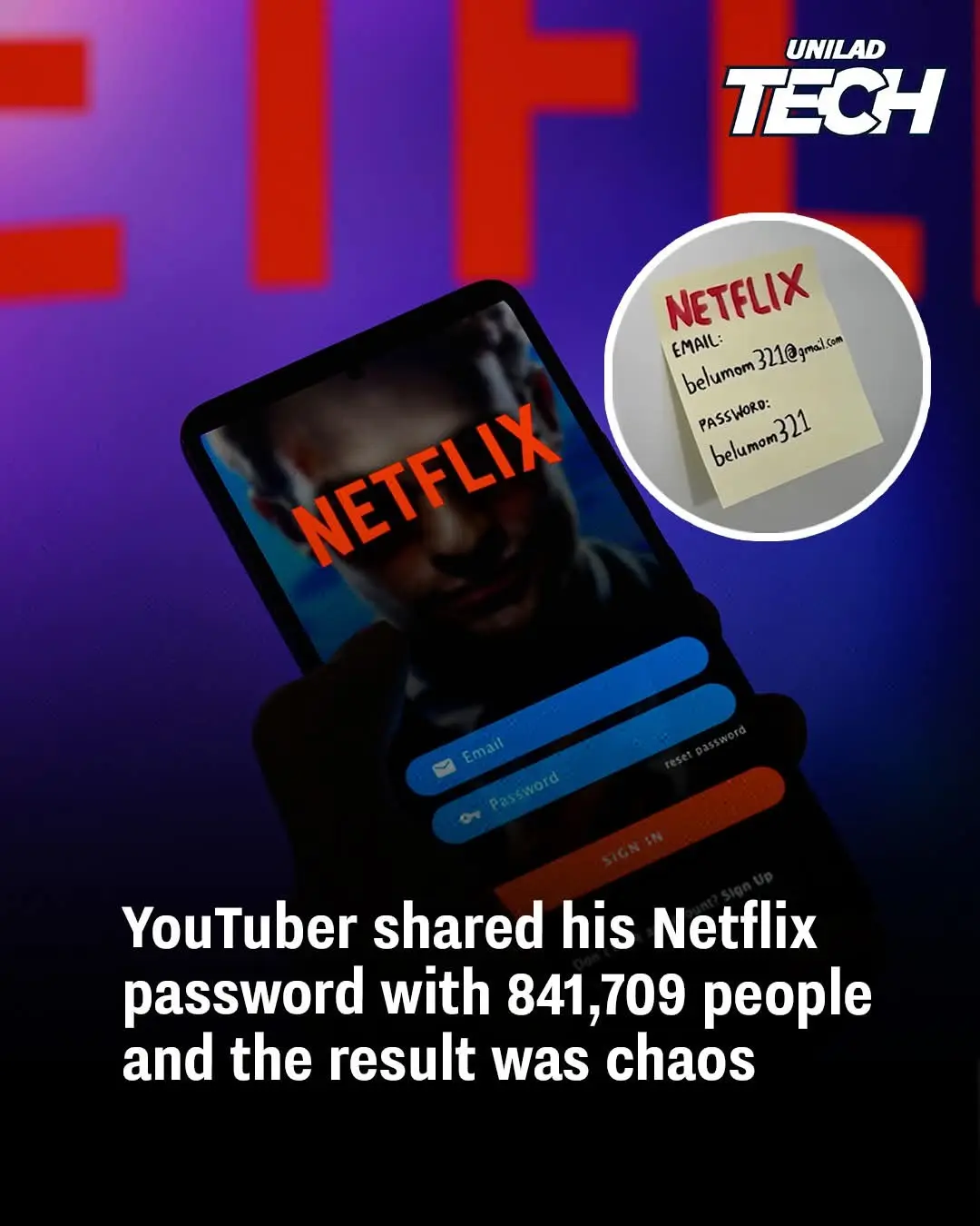 A smartphone displays the Netflix login screen, with a circular inset showing a sticky note with a Netflix email and…