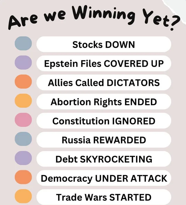 A checklist titled 'Are we Winning Yet?' lists negative political and economic outcomes like 'Stocks DOWN', 'Epstein Files…