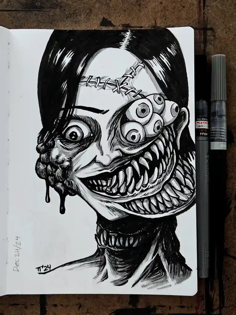A black-and-white ink drawing on paper depicts a grotesque, horror-themed face with stitches across the forehead, multiple…