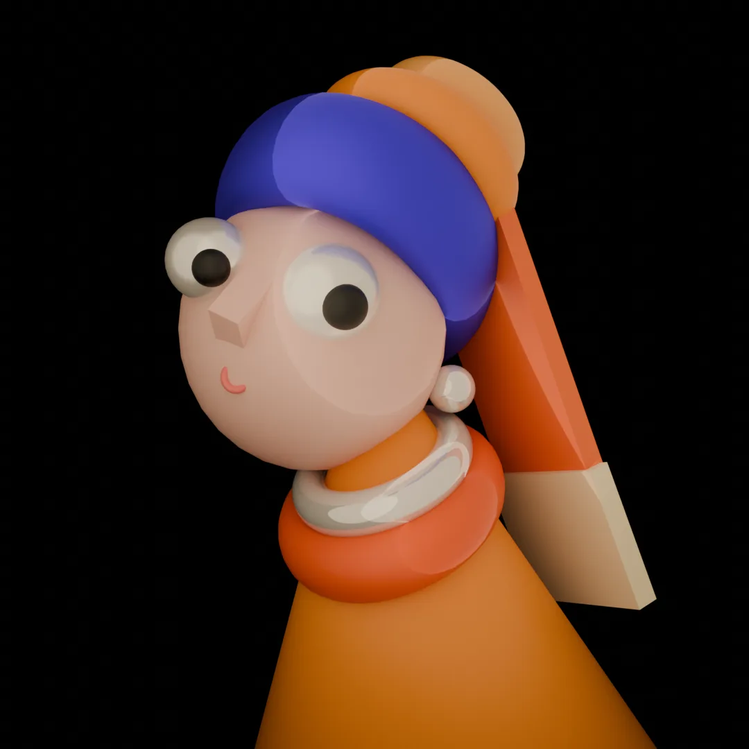 A stylized 3D cartoon character resembling the girl from Johannes Vermeer's 'Girl with a Pearl Earring' but with simplified…