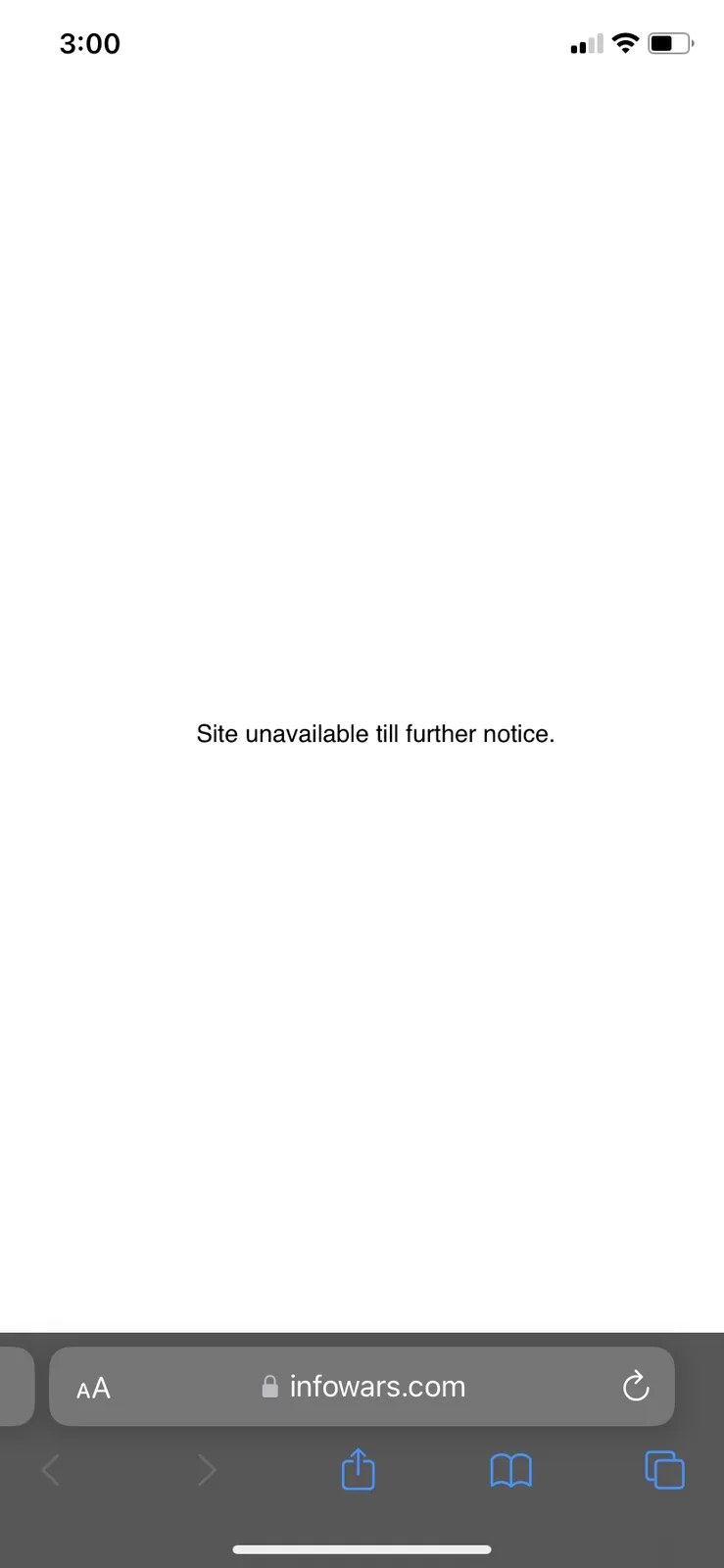 A smartphone screenshot shows a browser displaying a white page with the text 'Site unavailable till further notice.' The…