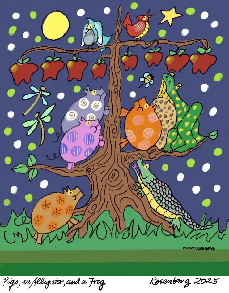 A colorful cartoon illustration depicts various animals, including pigs, an alligator, and a frog, gathered around a tree…
