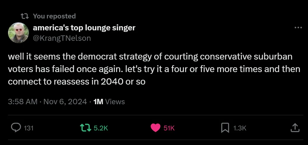 A screenshot of a tweet from 'america's top lounge singer' (@KrangTNelson) posted on November 6, 2024, at 3:58 AM, showing…