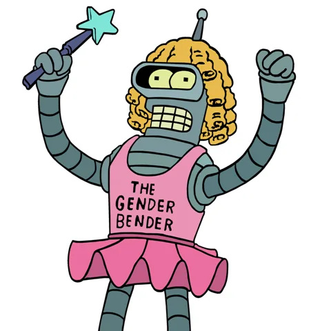 A cartoon robot with curly blonde hair, wearing a pink dress and apron, holds a star-topped wand in one hand and raises the…