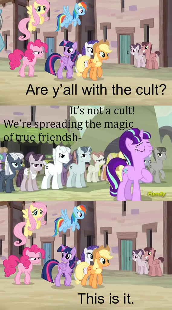 The image is a three-panel meme from My Little Pony: Friendship is Magic. The top panel shows a group of ponies looking…