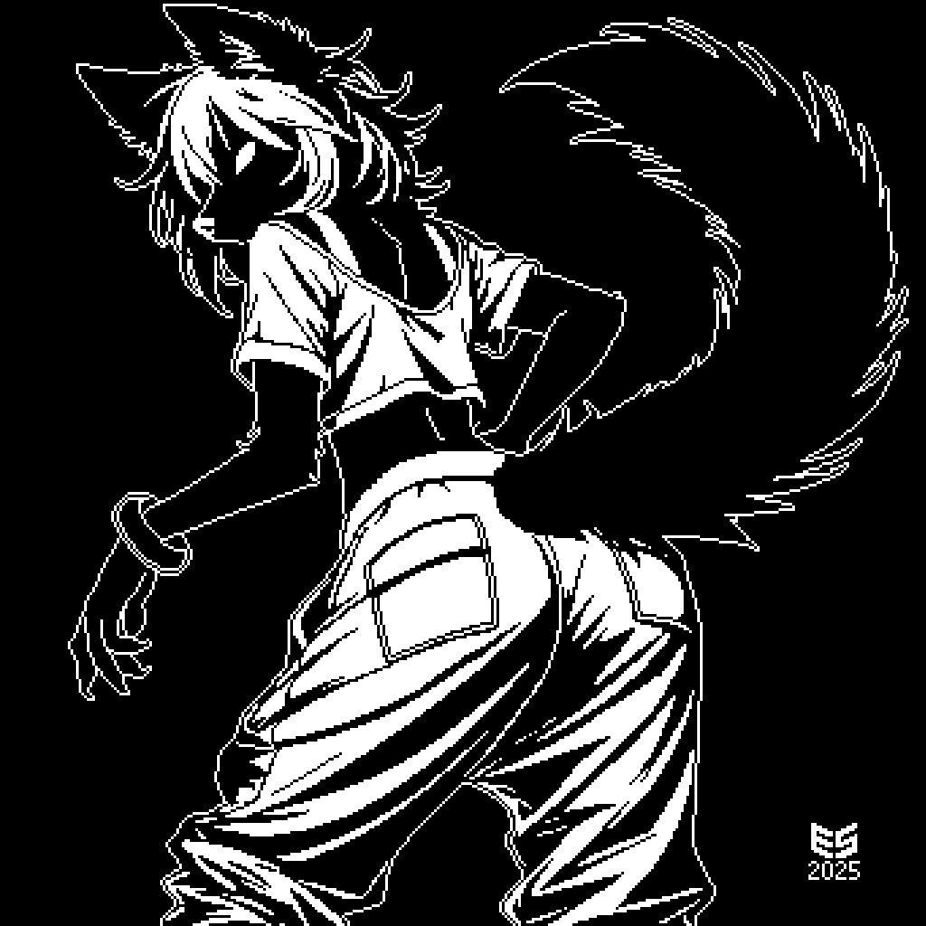 A black-and-white line art illustration of an anime-style character with fox ears and a large bushy tail, shown in a…
