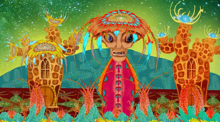 A surreal, psychedelic artwork depicts a central, grotesque alien-like figure with a large, ornate headpiece and blue…