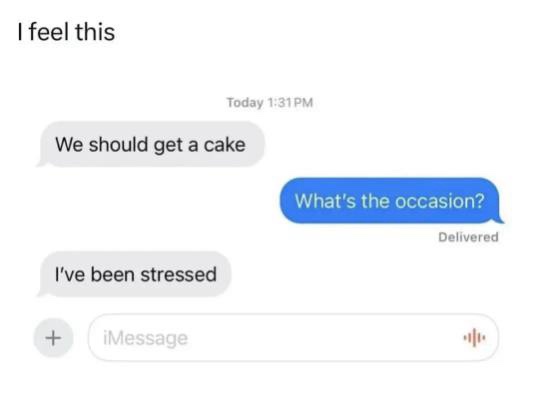 A screenshot of an iMessage conversation where one person suggests getting a cake, the other asks 'What's the occasion?'…