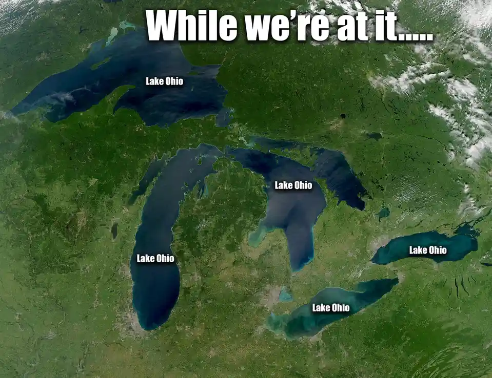 A satellite image of the Great Lakes region with all five lakes labeled 'Lake Ohio' in white text, and the phrase 'While…