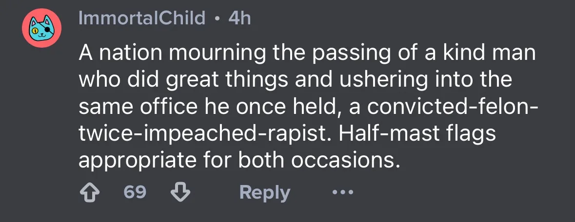 A screenshot of a Reddit comment by user 'ImmortalChild' with a dark gray background. The comment text is white and reads…