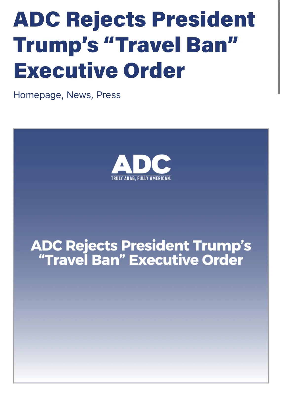 The image displays a screenshot of a news webpage header with the headline 'ADC Rejects President Trump's "Travel Ban"…