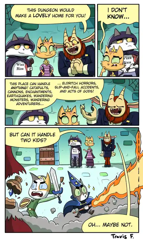 A four-panel comic strip featuring anthropomorphic cat characters in a dungeon. In the first panel, a smiling, horned cat in…