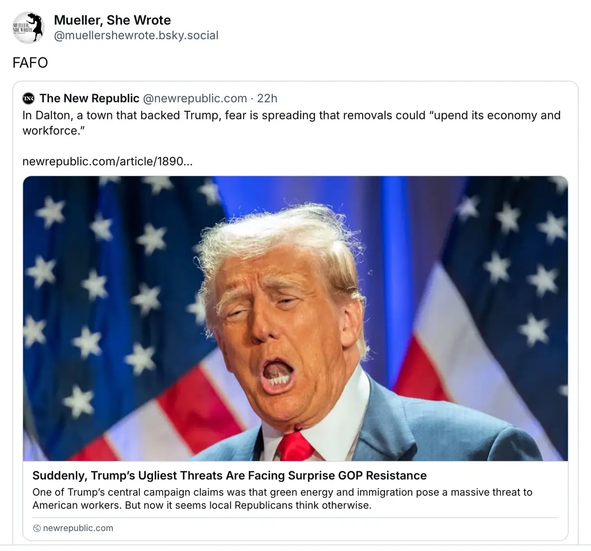 A screenshot of a tweet from The New Republic shows a photo of Donald Trump with his mouth open in an expressive shout, set…