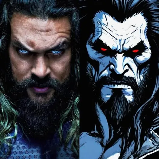 The image is a side-by-side comparison: on the left is a realistic photo of actor Jason Momoa as Aquaman, with his signature…