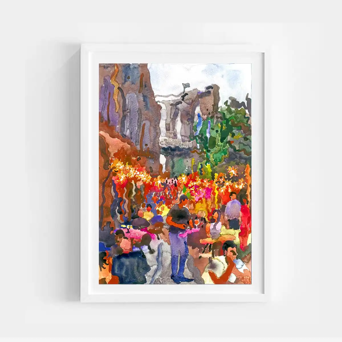 A watercolor painting in a white frame depicts a vibrant, abstract scene of a crowded outdoor gathering with colorful…