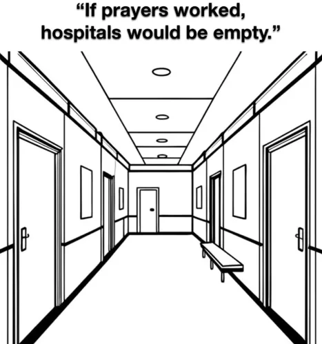 A black-and-white line drawing of an empty hospital hallway with doors on both sides, a bench on the right, and a receding…