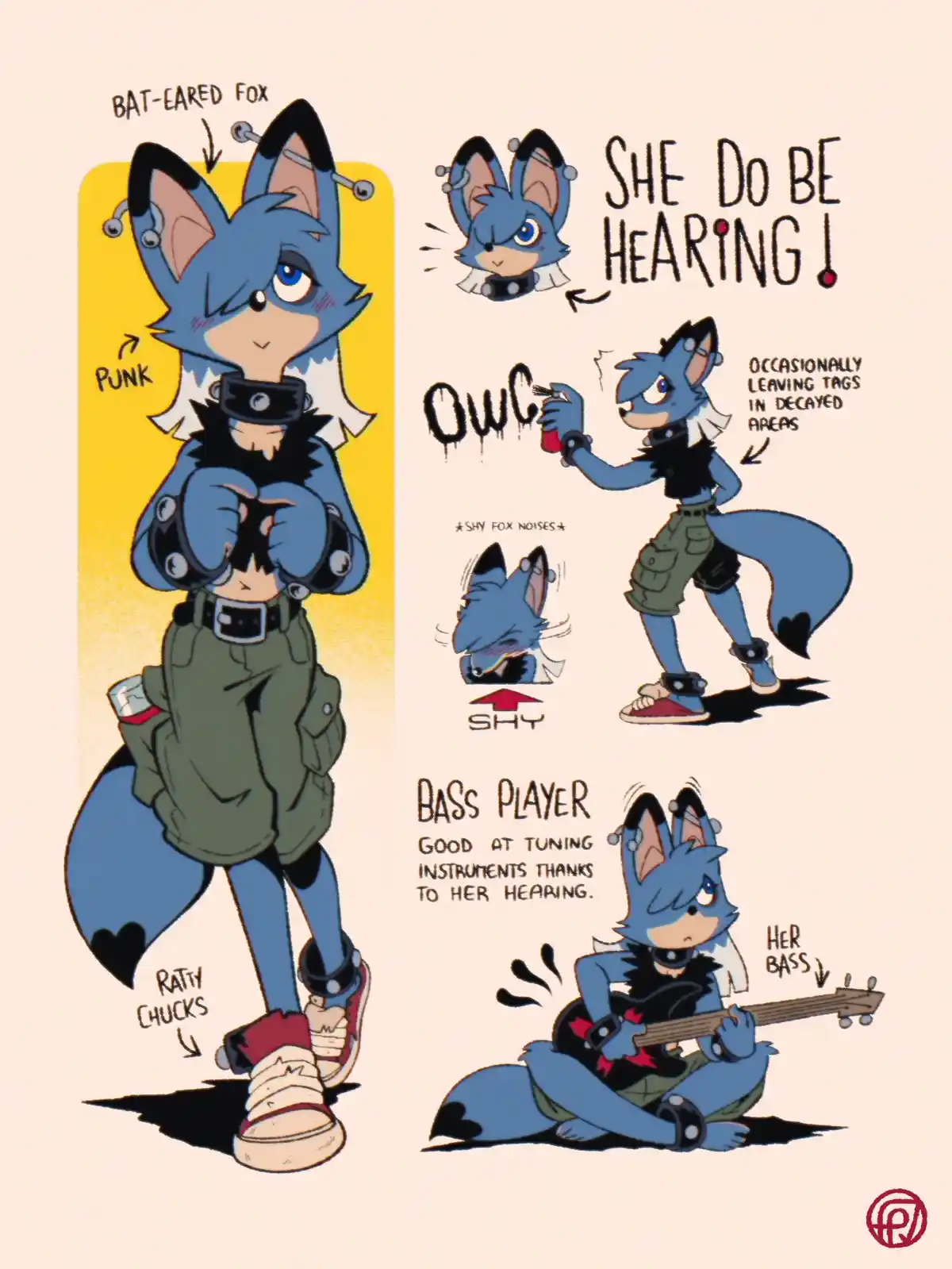 A character sheet for a blue anthropomorphic fox with bat-like ears, punk attire, and rat-chucks, showing her as a shy bass…
