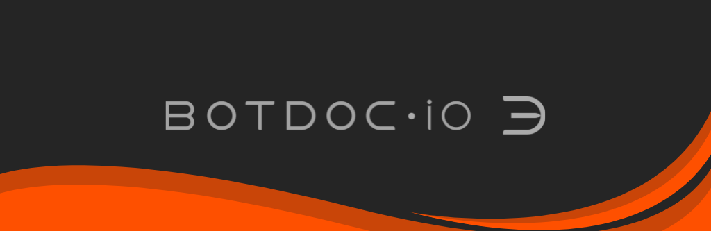 A dark gray background with a stylized orange wave design at the bottom. Centered in light gray text is the text 'BOTDOC.io'…