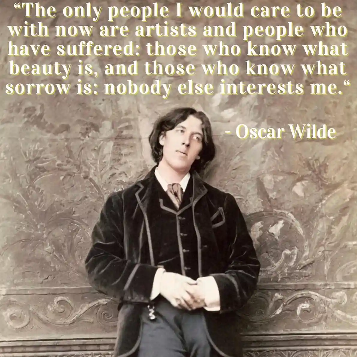A sepia-toned historical portrait of Oscar Wilde, dressed in a dark velvet jacket and looking upward, overlaid with his…