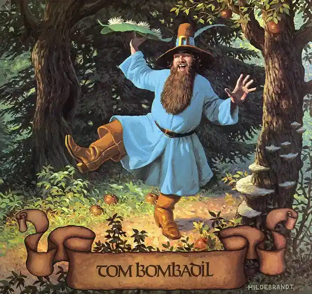 A cheerful, bearded man in a blue tunic and brown boots leaps joyfully in a forest, holding a leaf with white flowers above…