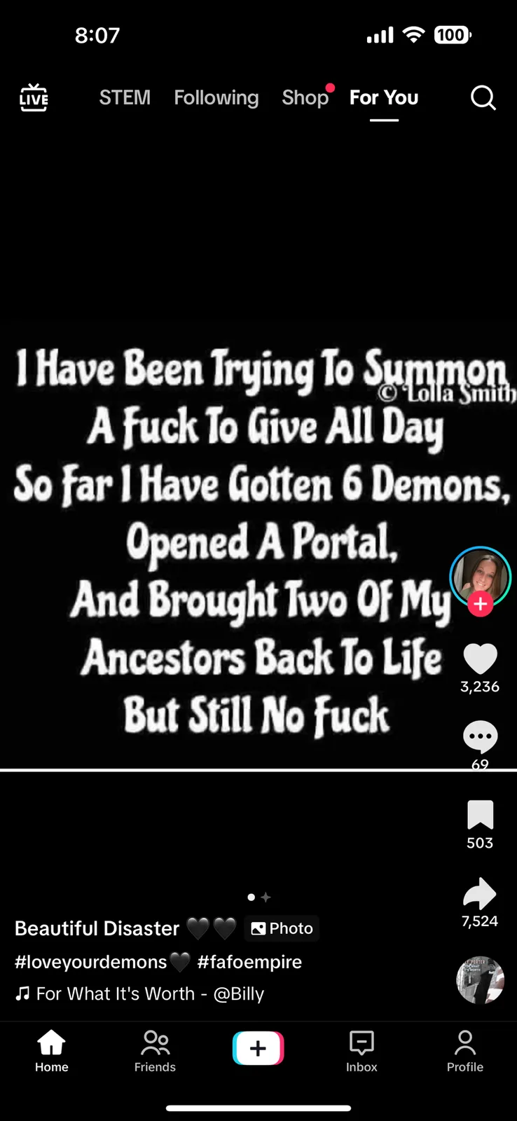 A black background with large white text humorously detailing a failed attempt to summon a 'fuck to give,' listing absurd…