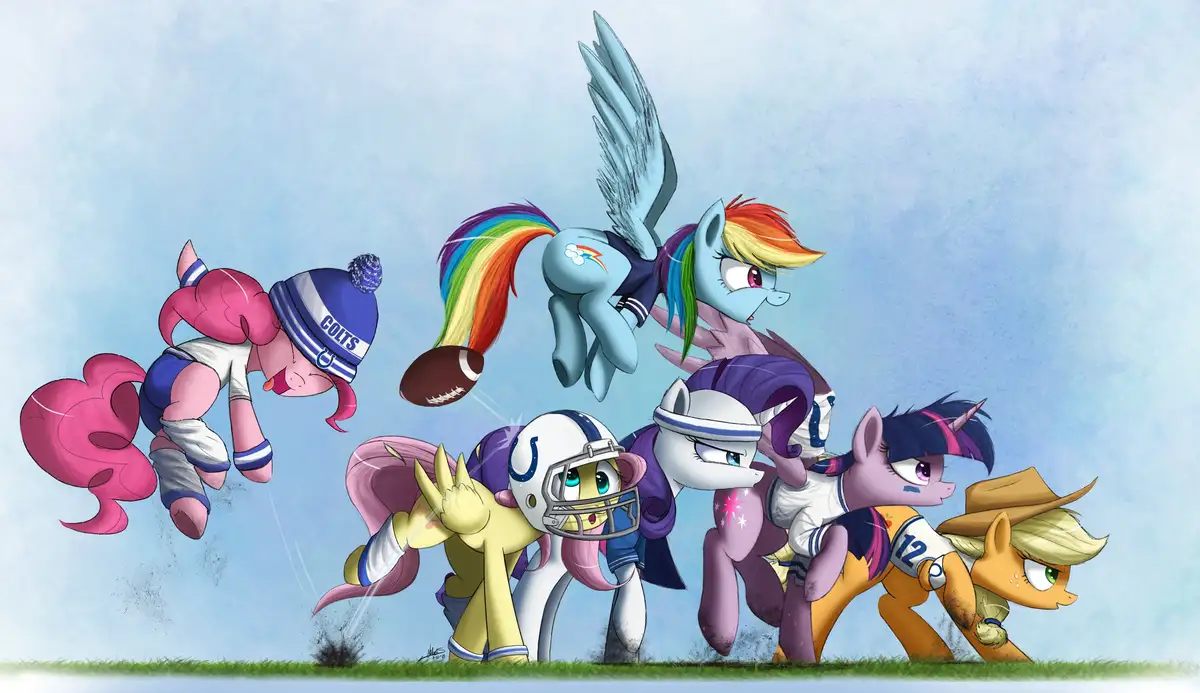 Several My Little Pony characters are depicted in American football gear, including helmets, jerseys, and cleats, posing on…