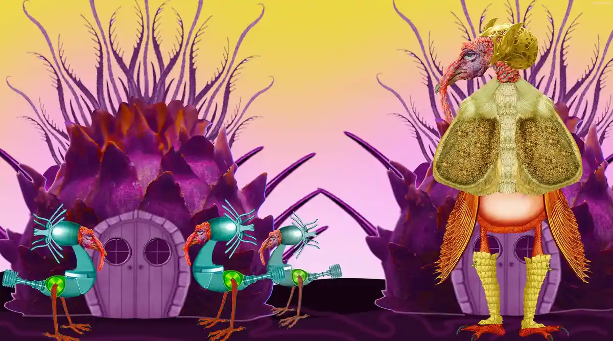 A digitally rendered image shows a large, ornate turkey wearing a golden crown and cape, standing before a purple, spiky…