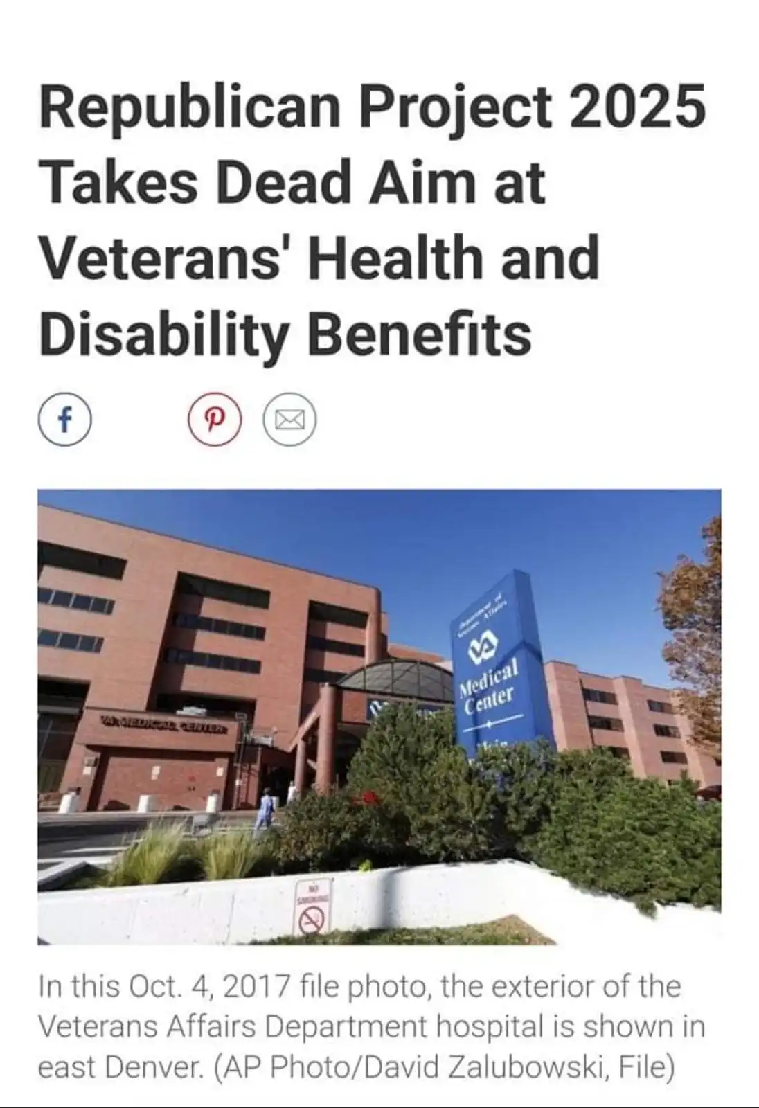 The image shows a news article headline overlaying a photo of a Veterans Affairs Medical Center building. The headline reads…