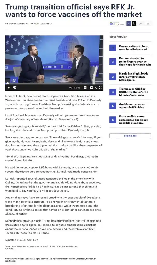 A screenshot of a news article from 'The Hill' with a headline stating 'Trump transition official says RFK Jr. wants to…
