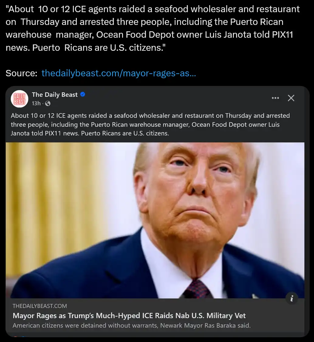 The image shows a screenshot of a tweet from The Daily Beast, which includes a photo of Donald Trump with a stern…