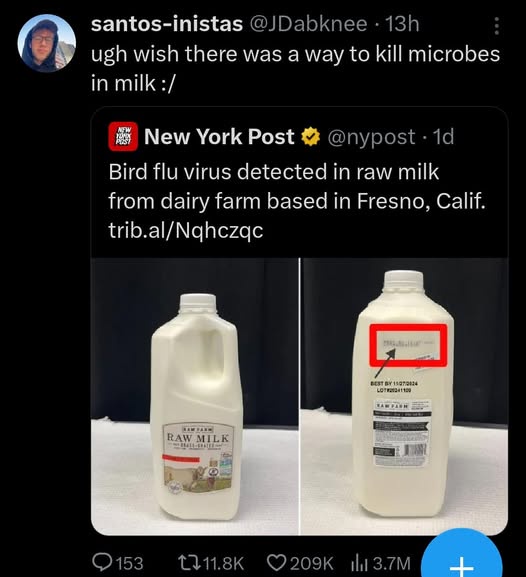 A screenshot of a tweet from the New York Post showing two images of a raw milk jug. The left image shows the front label…