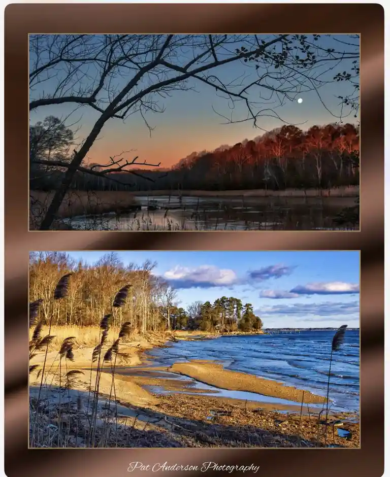 The image displays two separate landscape photographs stacked vertically. The top photo shows a serene twilight scene with…