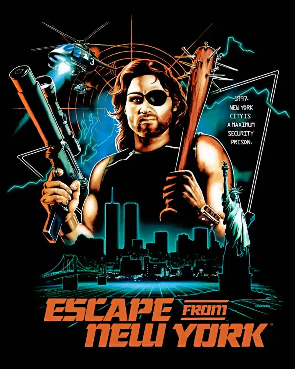 A retro-futuristic movie poster for 'Escape from New York' shows a muscular man with an eyepatch holding a rifle and a…