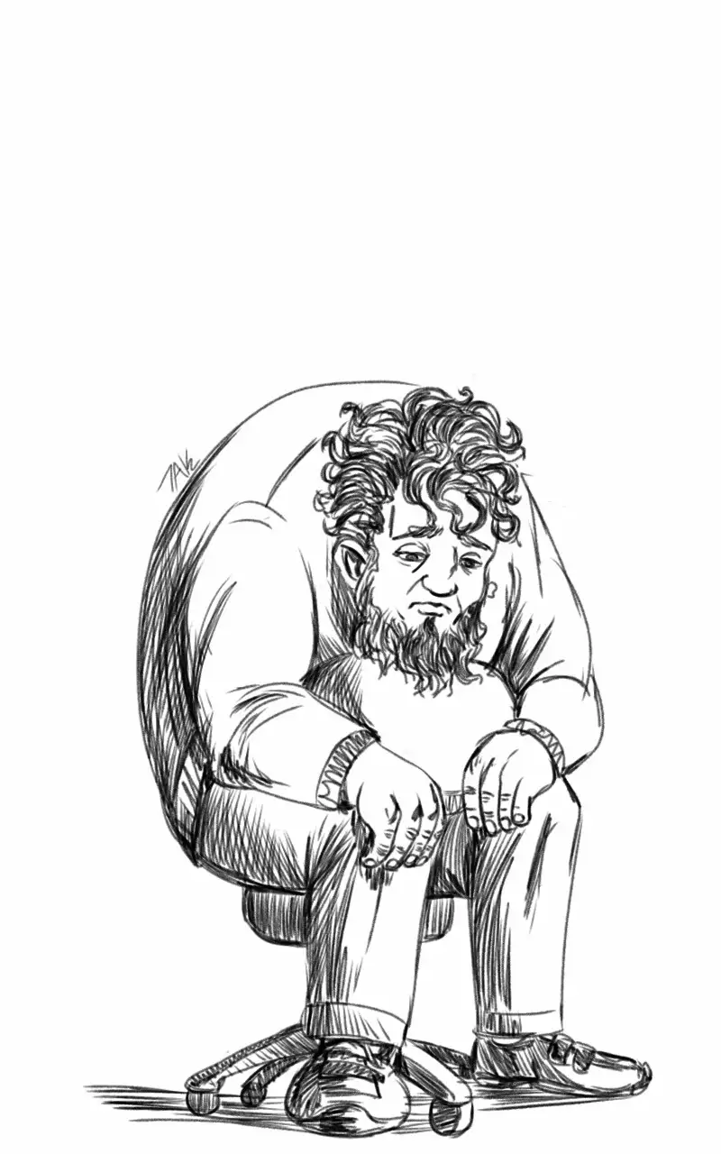 A black-and-white sketch shows a man with curly hair and a beard sitting slumped in a rolling office chair, looking tired…