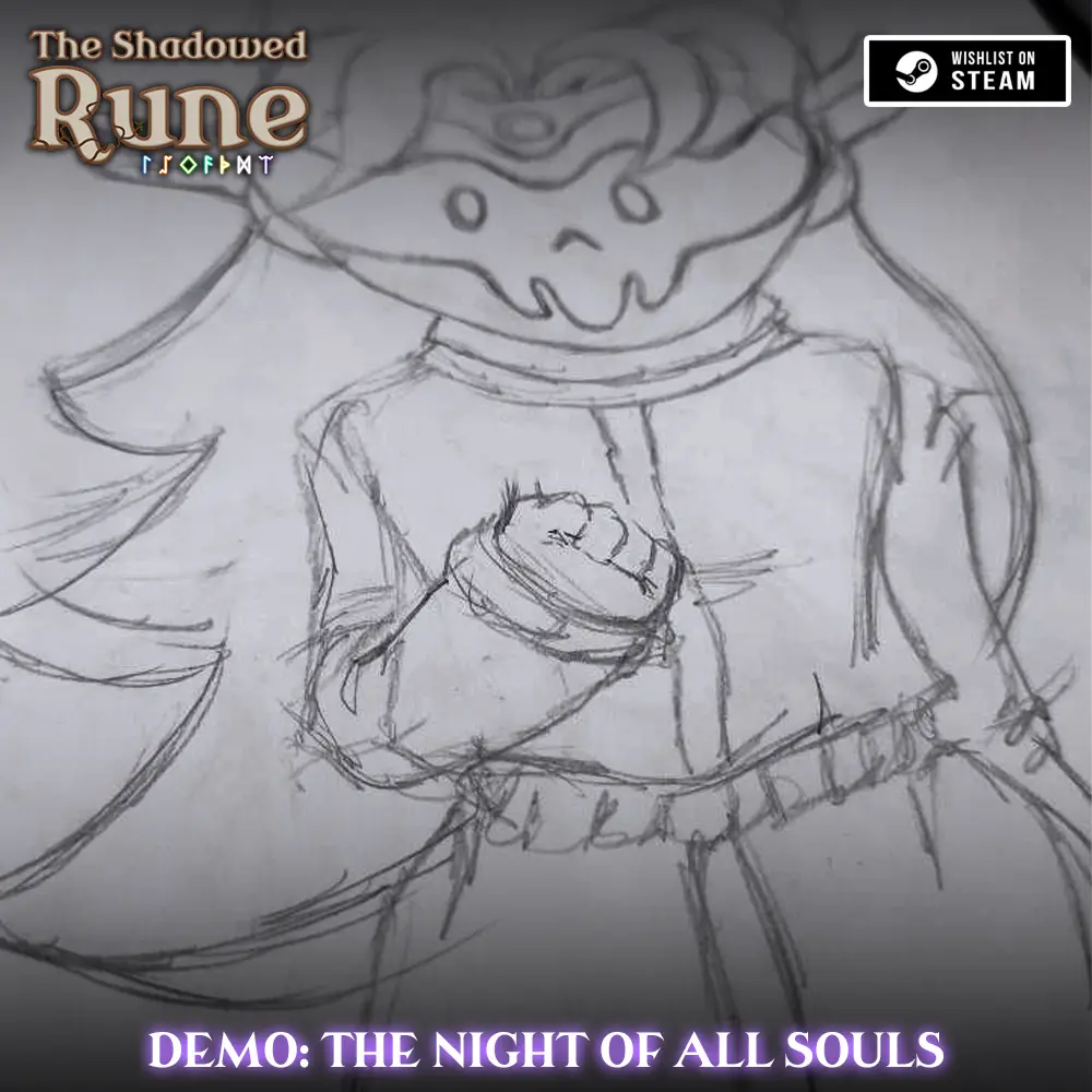 A rough pencil sketch of a cartoonish, smiling character with a large head and simple features, wearing a tunic and holding…