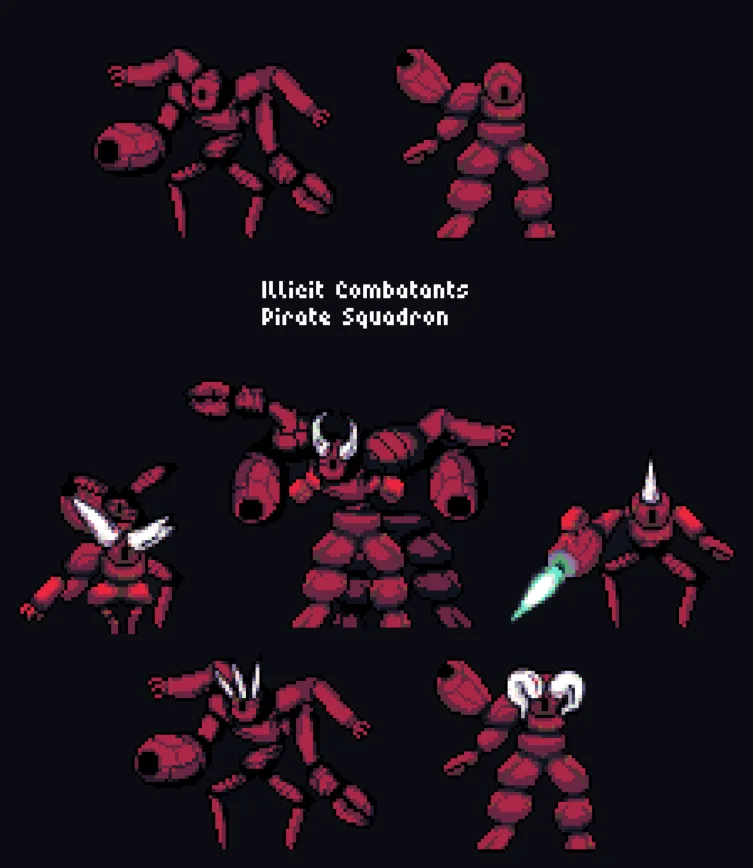 A pixel art image displays seven red, robotic-looking creatures in various poses against a black background. The text…