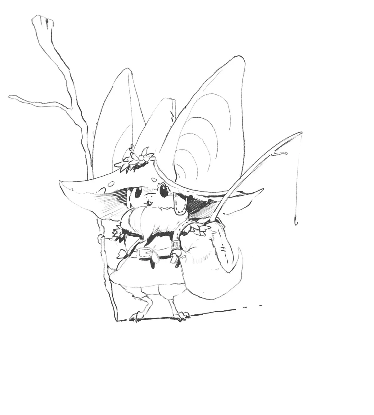 A black-and-white line drawing shows a small, chibi-style creature with large pointed ears, wearing a wide-brimmed witch's…
