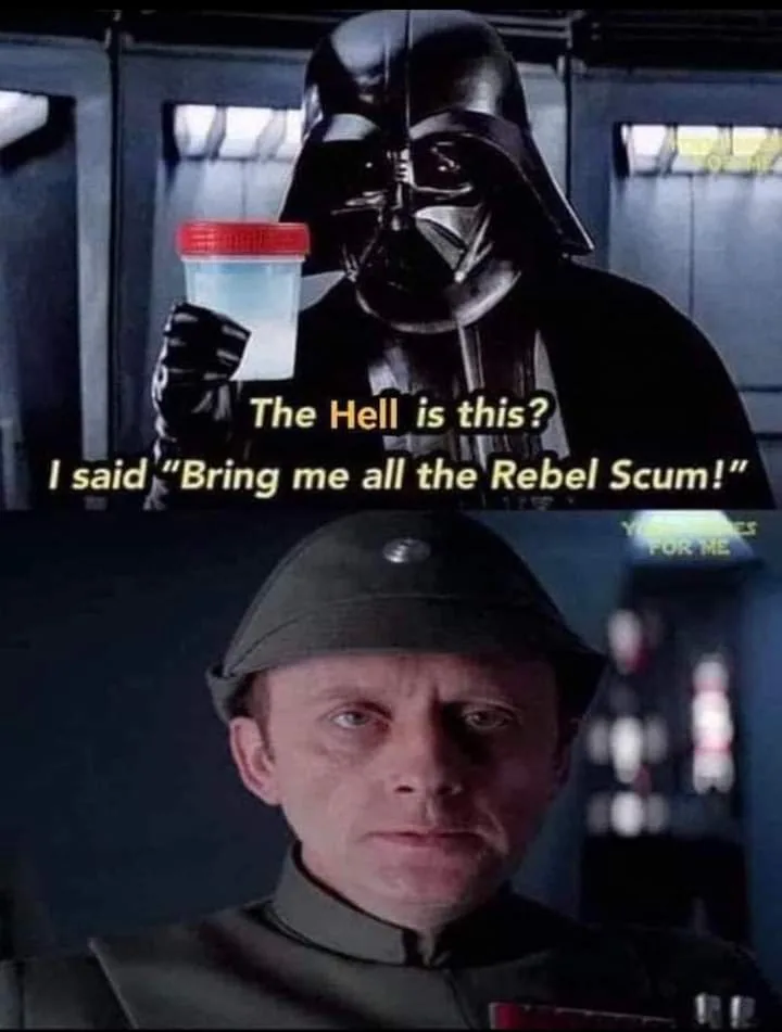 The top panel shows Darth Vader holding a small plastic cup with a red lid, looking confused. The bottom panel shows a…