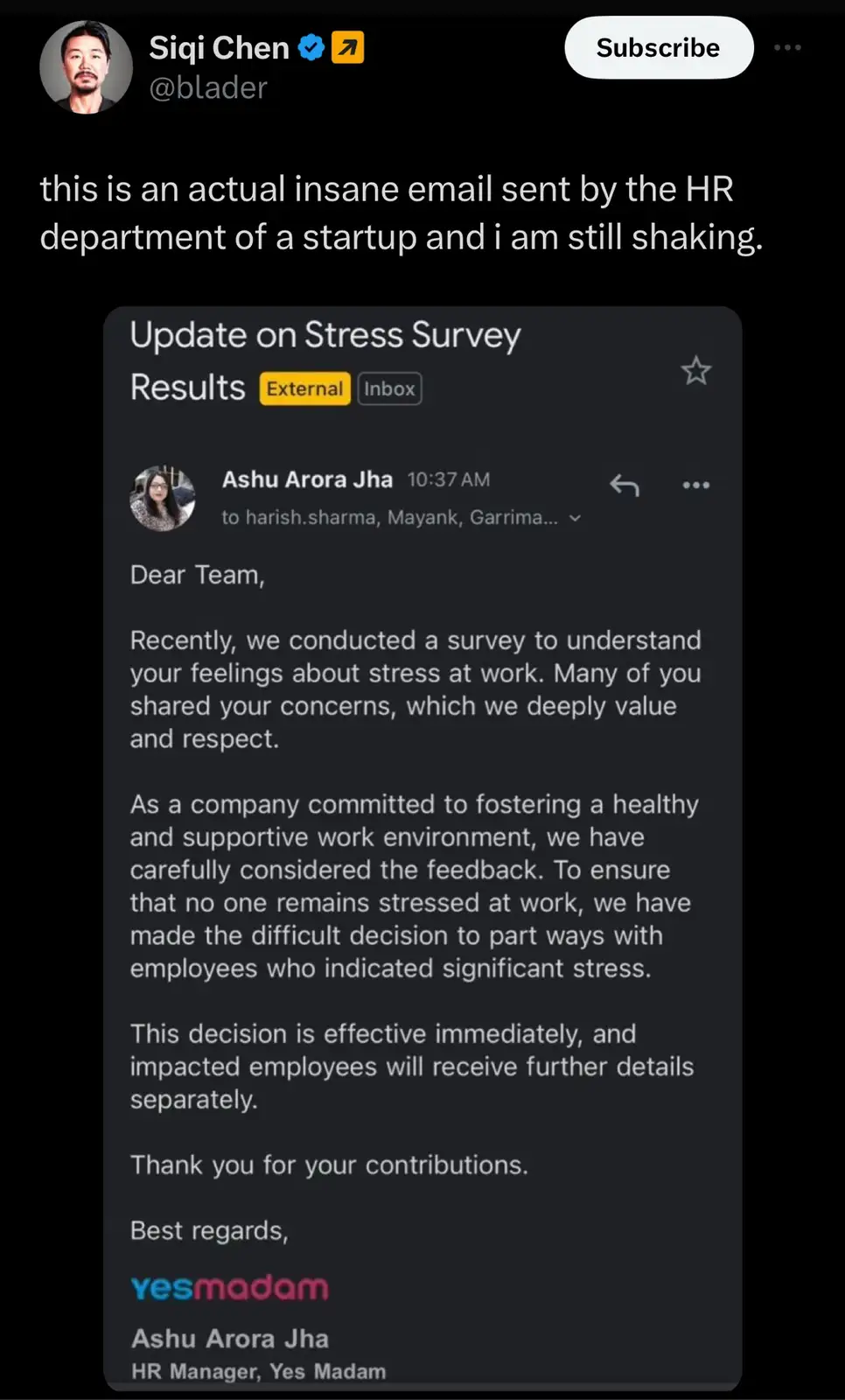 The image displays a screenshot of an email titled 'Update on Stress Survey Results' from Ashu Arora Jha, HR Manager at…