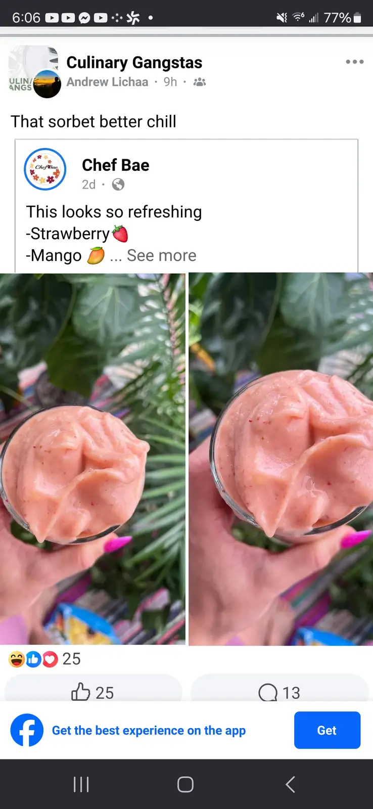 A screenshot of a Facebook post showing a pink sorbet in a glass, held by a hand with pink nails, against a backdrop of…