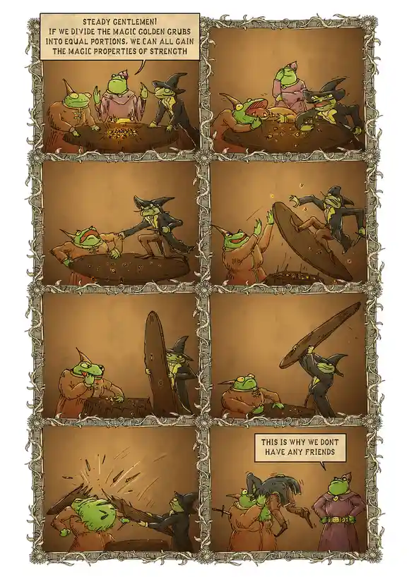A six-panel comic strip featuring three green frog-like fantasy characters in medieval-style robes. In the first panel, one…