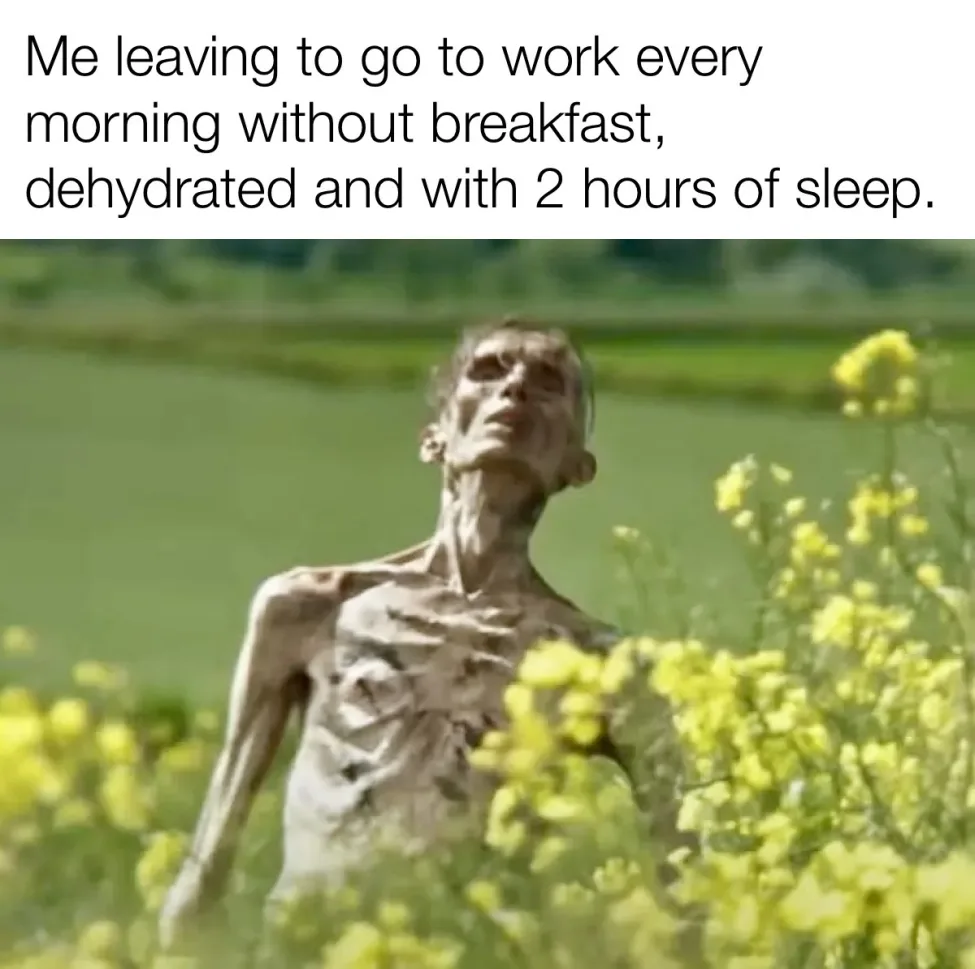A severely emaciated, skeletal human figure stands in a field of yellow flowers, looking upward with a weary expression. The…
