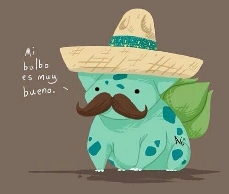 A cartoonish, light blue, spotted creature with a large brown mustache and a green leafy backpack wears a wide-brimmed straw…