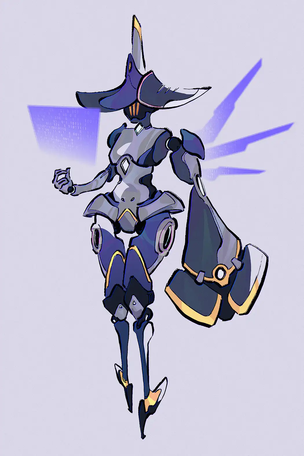 A stylized anime-style robot with a wide-brimmed hat and glowing purple accents floats against a plain background, holding a…