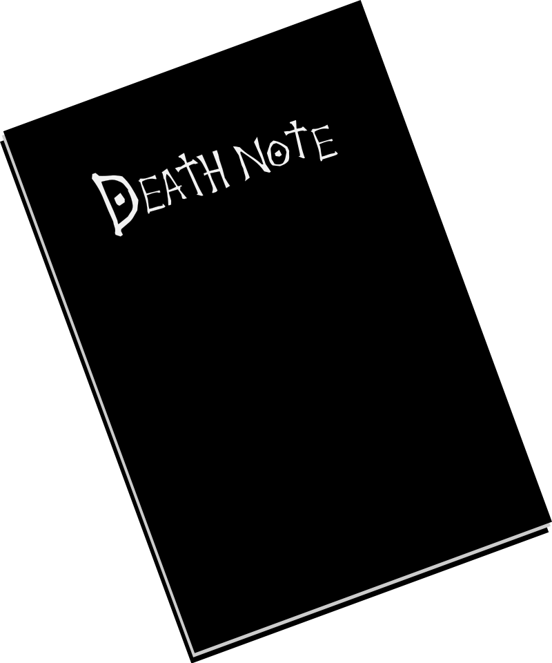 A minimalist black background with white handwritten text reading 'death note' positioned above a simple white line drawing…