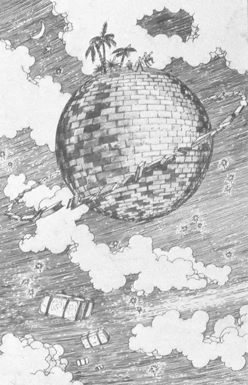 A black-and-white pencil drawing depicts a large, spherical planet made of bricks, floating amidst clouds and stars. On top…