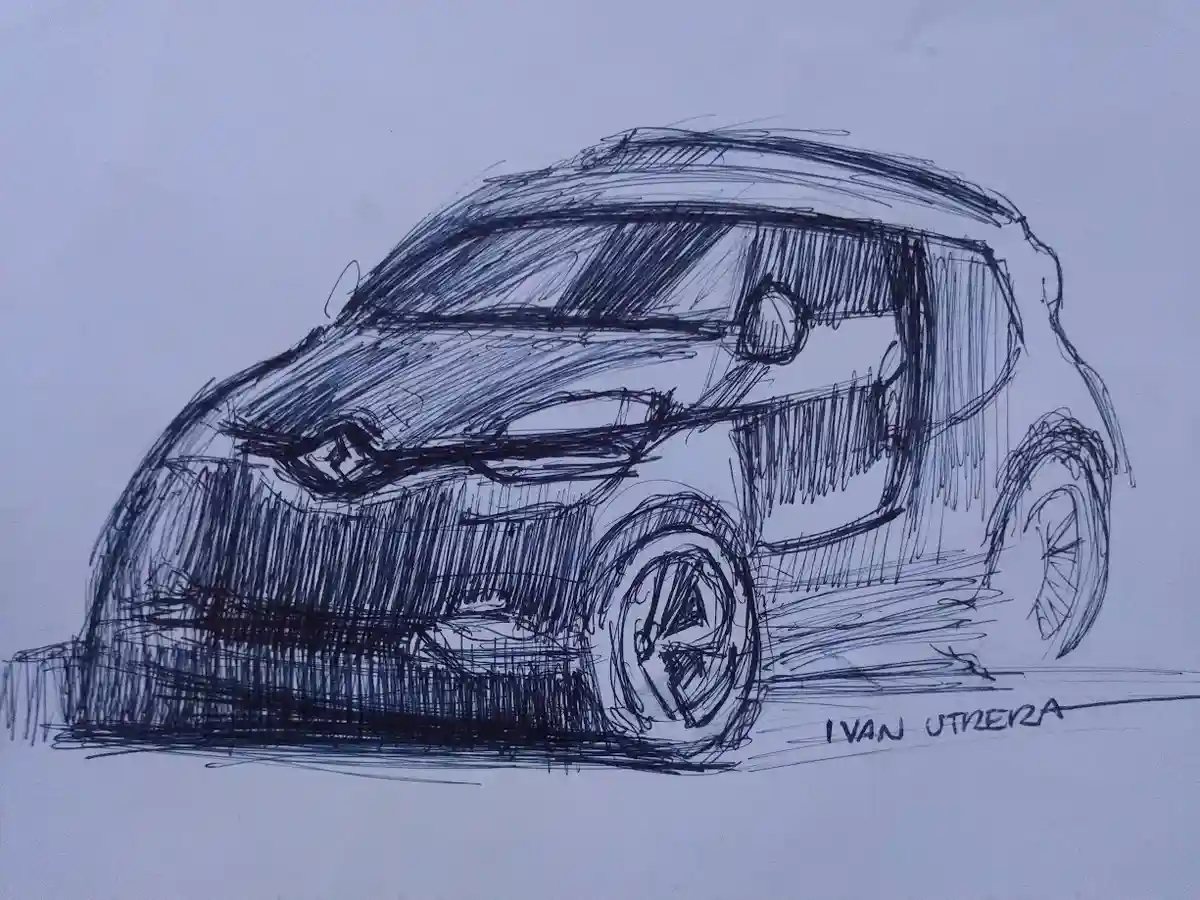 A rough, black ink sketch of a modern car viewed from a three-quarter front angle, showing its headlights, grille, wheels…