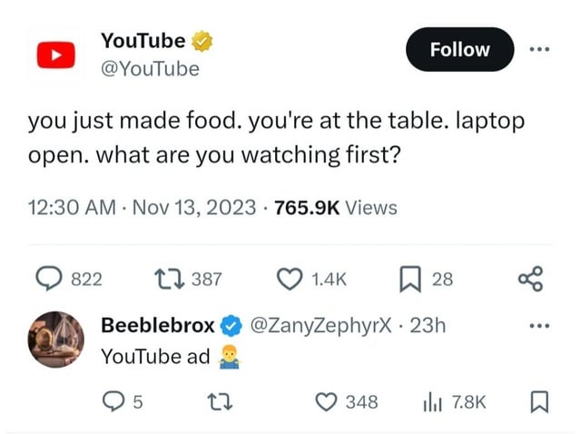 A screenshot of a YouTube tweet from the official @YouTube account, showing a post asking 'you just made food. you're at the…