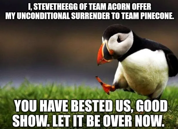 A close-up photo of a puffin standing on green grass, looking down with a defeated posture. White bold text is overlaid at…