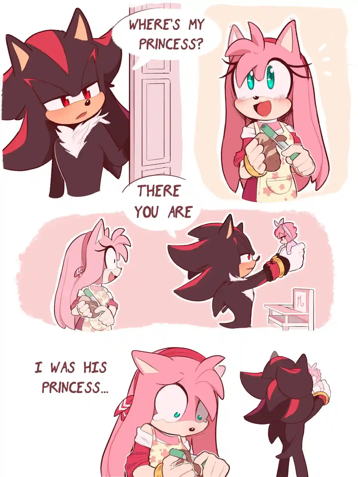 A four-panel comic strip featuring the Sonic characters Shadow and Amy Rose. In the first panel, Shadow asks Amy where his…